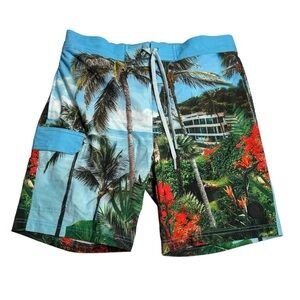 Mexx Blue and Green Swim Trunks Vibrant Tropical Design
